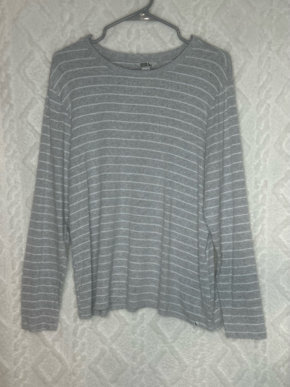 Eddie Bauer Gray and White Striped Crewneck Sweater